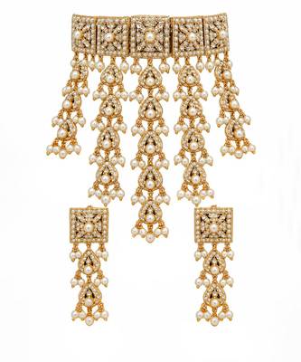 Gold plated handcrafted jadau necklace set with pearl tassels 3