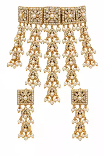 Gold plated handcrafted jadau necklace set with pearl tassels