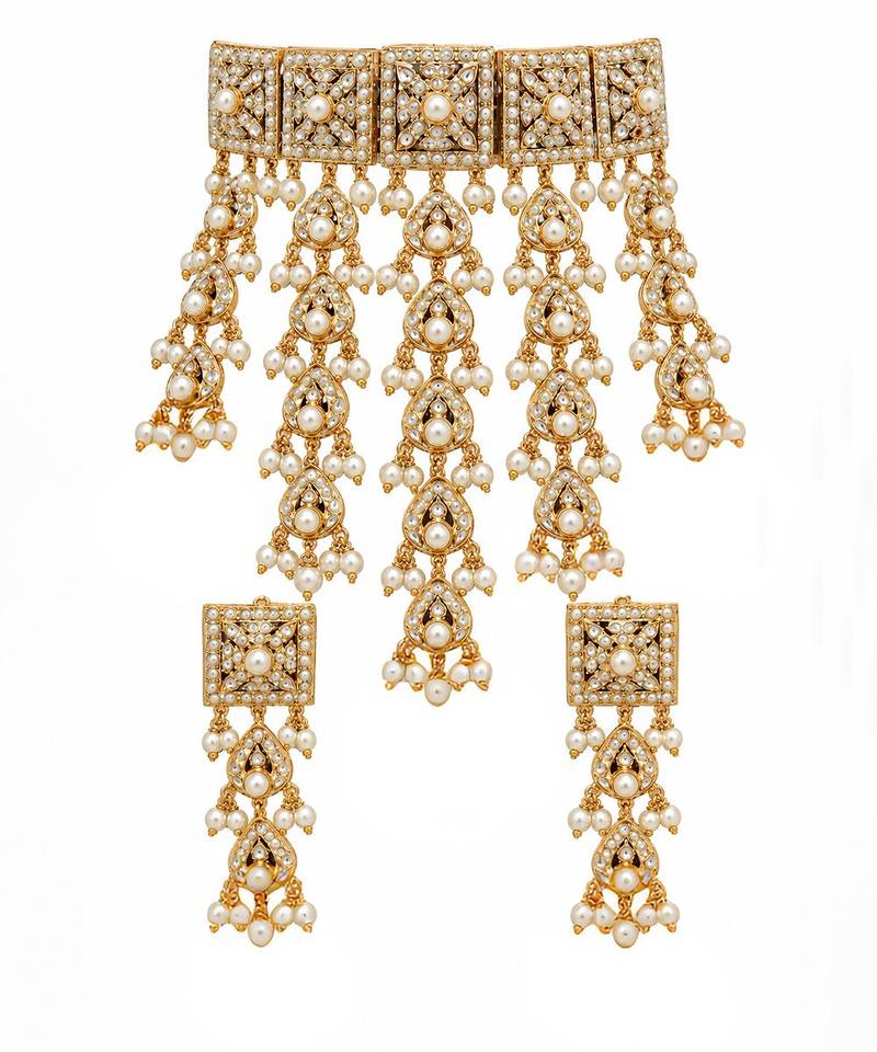 Gold plated handcrafted jadau necklace set with pearl tassels