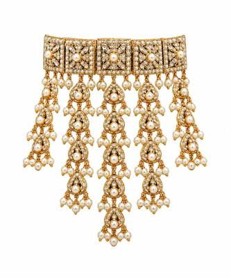 Gold plated handcrafted jadau necklace set with pearl tassels 4