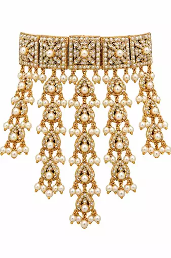 Gold plated handcrafted jadau necklace set with pearl tassels