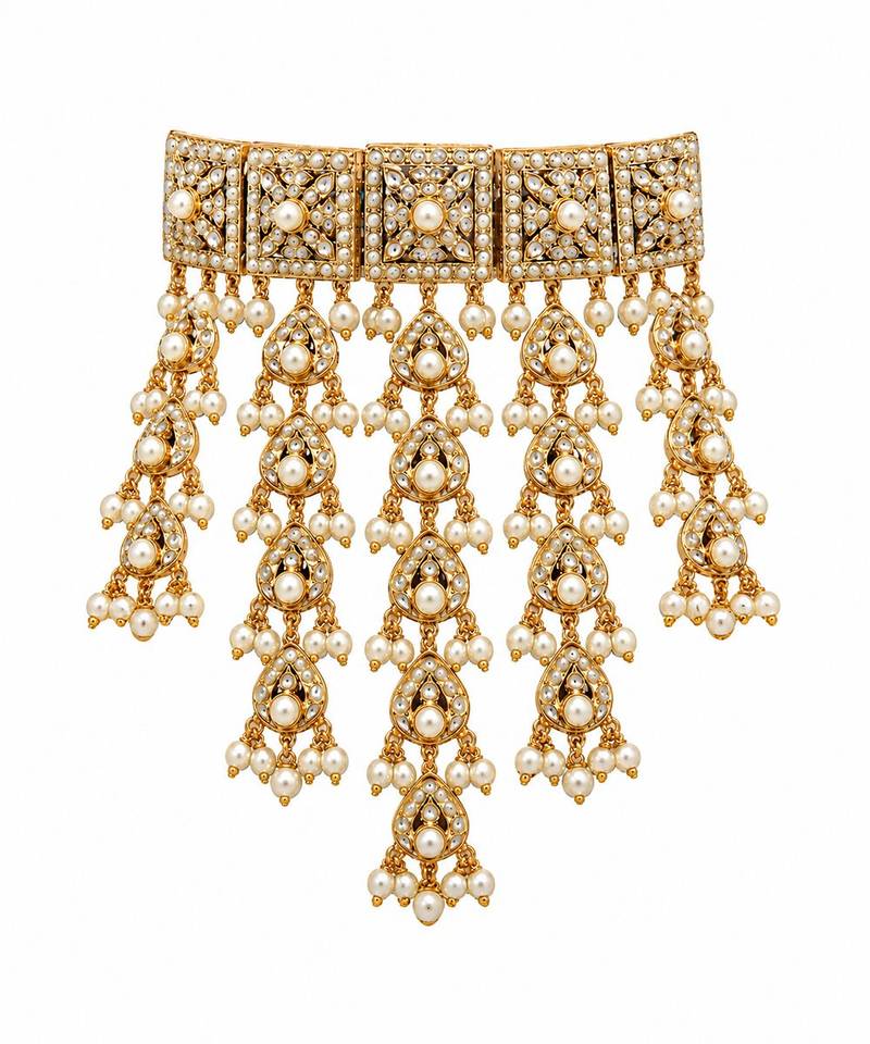 Gold plated handcrafted jadau necklace set with pearl tassels