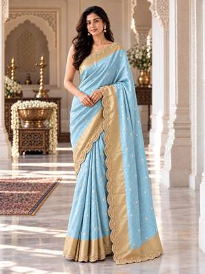 Sky-blue silk blend banarasi silk woven saree 1