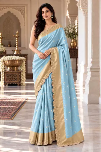Sky-blue silk blend banarasi silk woven saree