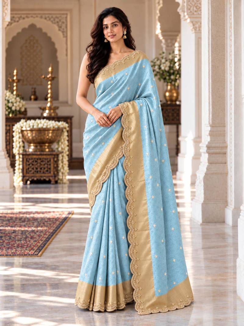 Sky-blue silk blend banarasi silk woven saree