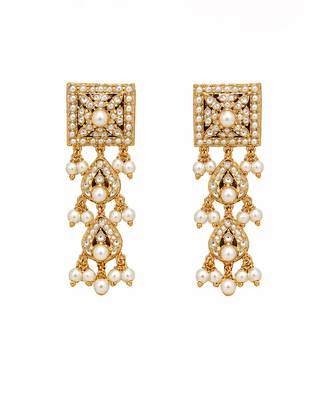 Gold plated handcrafted jadau necklace set with pearl tassels 5