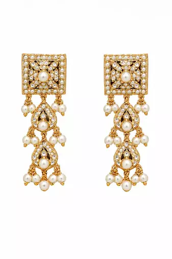 Gold plated handcrafted jadau necklace set with pearl tassels