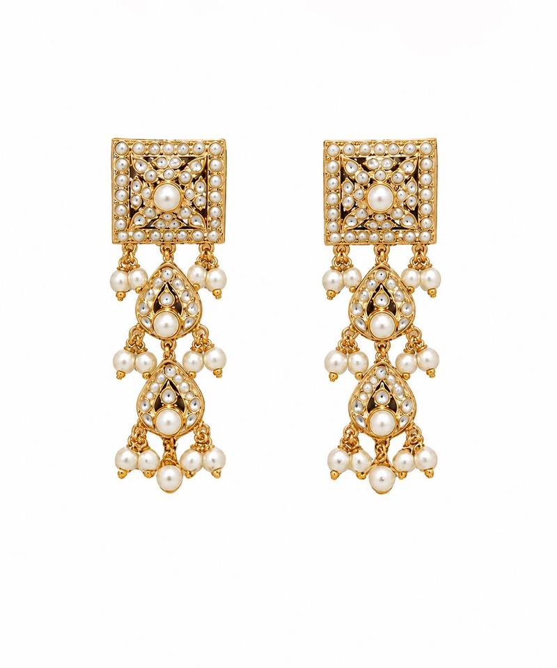 Gold plated handcrafted jadau necklace set with pearl tassels