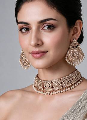 Gold plated handcrafted jadau necklace set 1