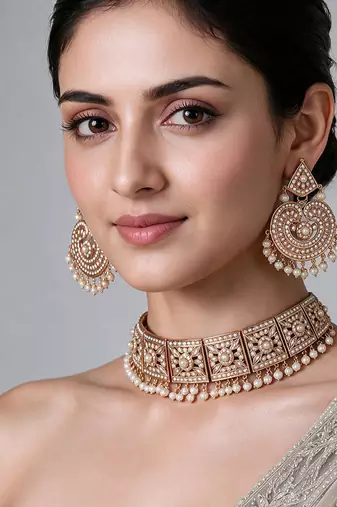 Gold plated handcrafted jadau necklace set