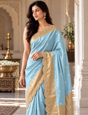 Sky-blue silk blend banarasi silk woven saree 2
