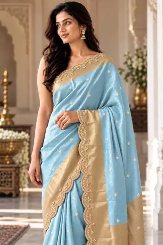 Sky-blue silk blend banarasi silk woven saree