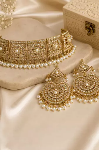 Gold plated handcrafted jadau necklace set