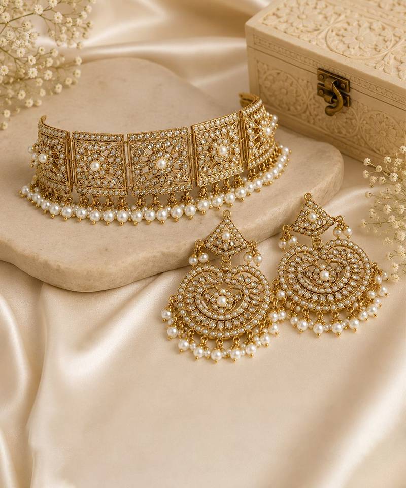 Gold plated handcrafted jadau necklace set