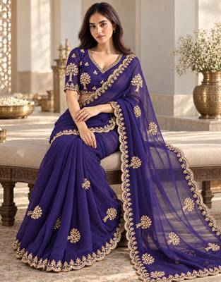 Purple satin zari work embroidered saree 1