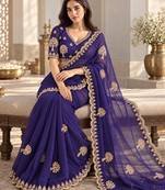 Purple satin zari work embroidered saree