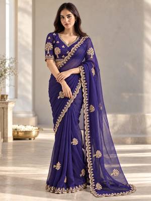 Purple satin zari work embroidered saree 2