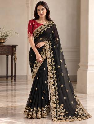 Black georgette resham embroidery embroidered saree 1