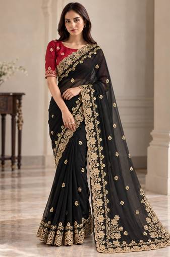 Black georgette resham embroidery embroidered saree