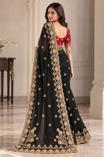 Black georgette resham embroidery embroidered saree