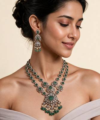 Emerald green moissanite polki long layered necklace set 1