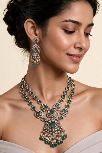 Emerald green moissanite polki long layered necklace set