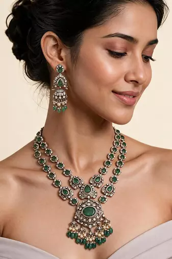 Emerald green moissanite polki long layered necklace set
