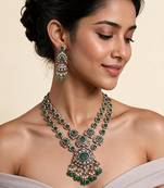 Emerald green moissanite polki long layered necklace set