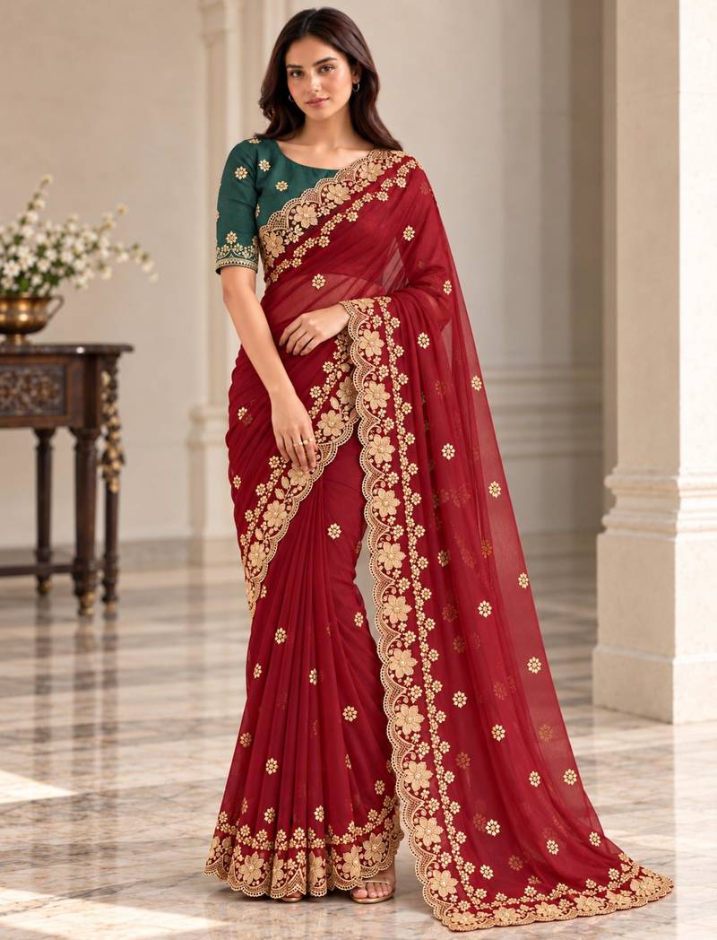 Maroon georgette resham embroidery embroidered saree