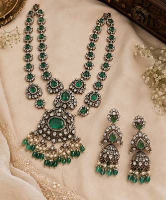 Emerald green moissanite polki long layered necklace set 2
