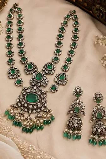 Emerald green moissanite polki long layered necklace set