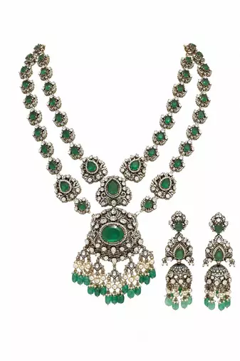 Emerald green moissanite polki long layered necklace set