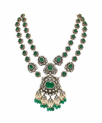Emerald green moissanite polki long layered necklace set 4