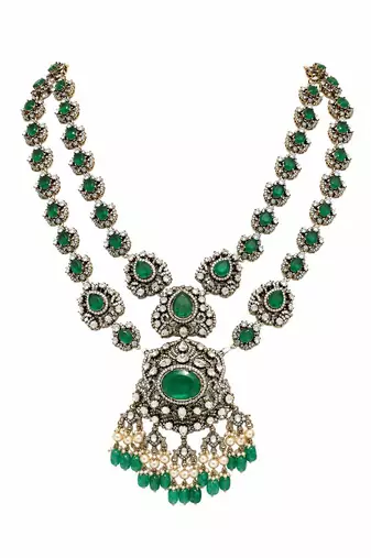 Emerald green moissanite polki long layered necklace set
