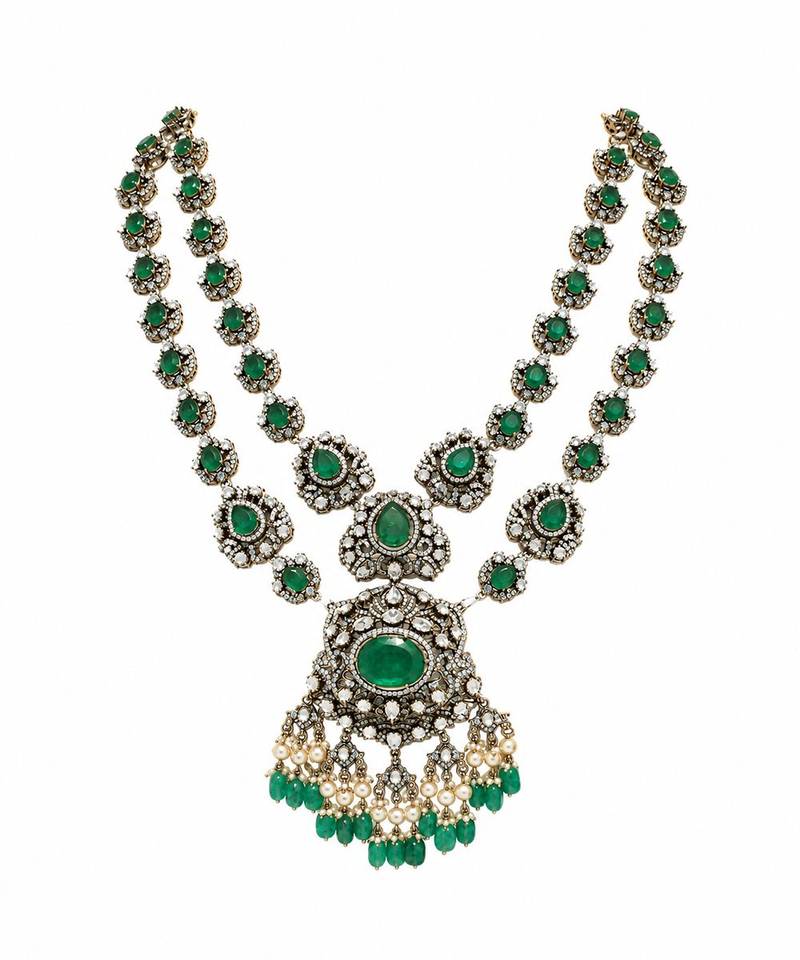 Emerald green moissanite polki long layered necklace set