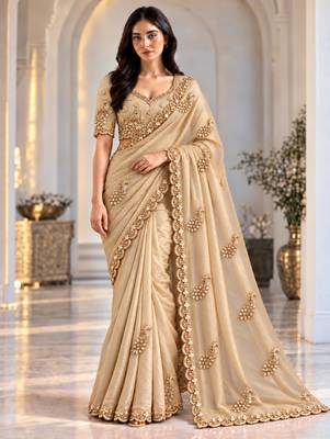 Champagne satin thread work embroidered saree 1