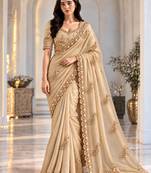 Champagne satin thread work embroidered saree