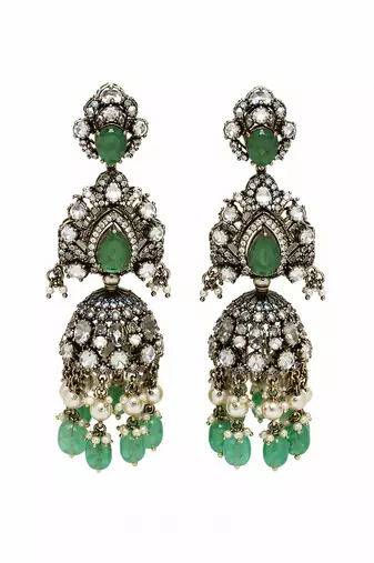 Emerald green moissanite polki long layered necklace set