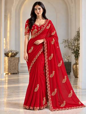 Red satin thread work embroidered saree 1