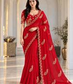 Red satin thread work embroidered saree