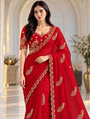Red satin thread work embroidered saree 2