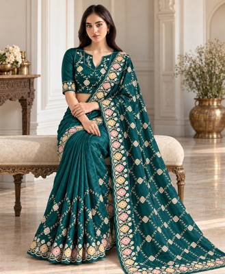 Dark-teal silk blend thread work embroidered saree 1
