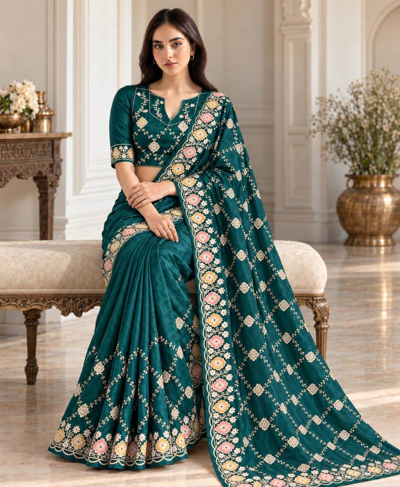 Dark-teal silk blend thread work embroidered saree