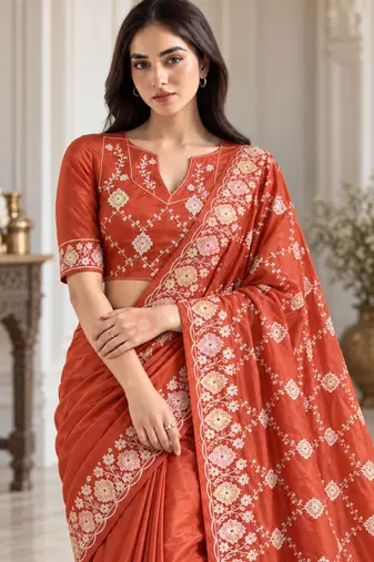 Dark-orange silk blend thread work embroidered saree