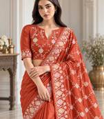 Dark-orange silk blend thread work embroidered saree