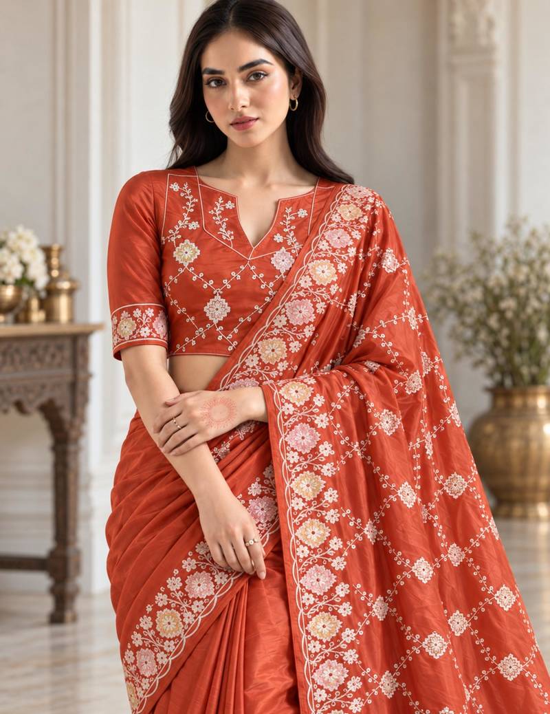Dark-orange silk blend thread work embroidered saree