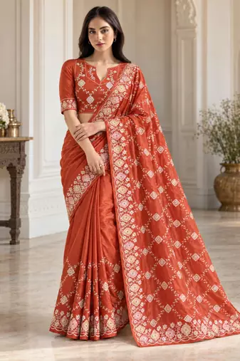 Dark-orange silk blend thread work embroidered saree