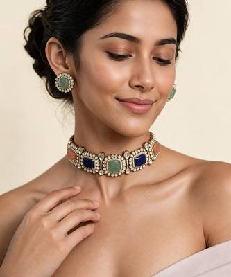 Multicolor semi precious stone kundan choker set 1