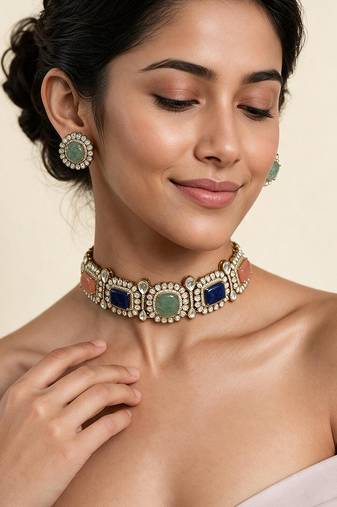 Multicolor semi precious stone kundan choker set
