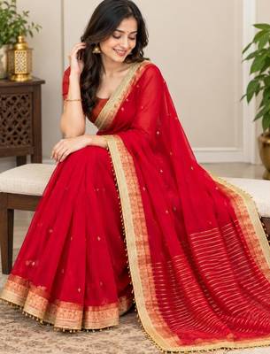 Red organza hand embroidery embroidered saree 1